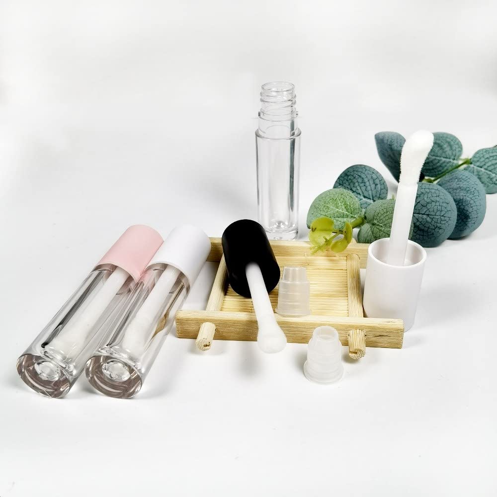 COSIDEA 24 pcs Empty 5ml big brush lip gloss tube black round lipgloss tubes container with big doe foot wand cosmetic packing containers