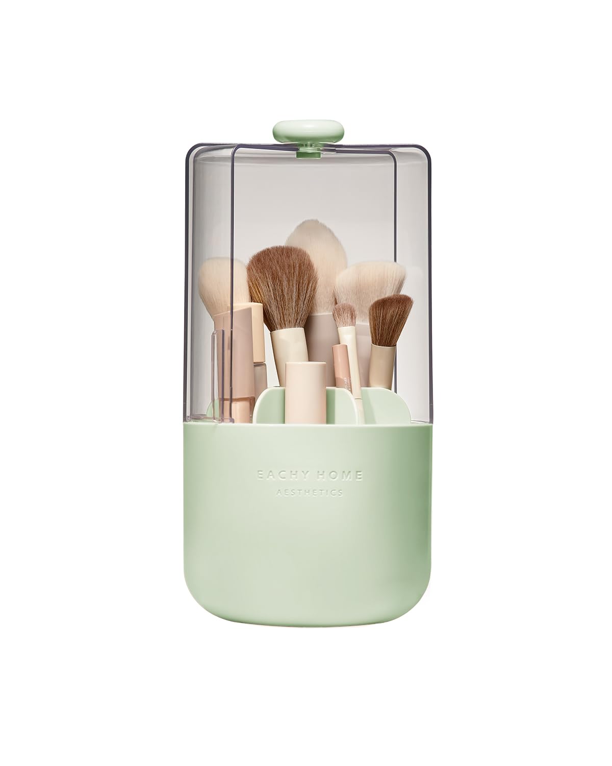 EACHY Makeup Brush Holder with Lid, 360° Rotating Vanity Organizer for Brushes, Dustproof Cosmetic Display Case, 7 Compartments, Waterproof Plastic (Green)