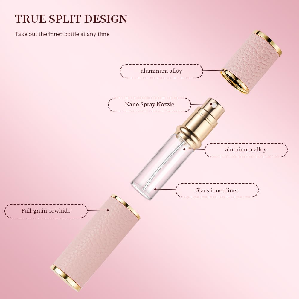 DIOHIO Atomizer Perfume Spray Bottle Refillable - 5ml Glass Inner Bottle with Premium Leather Case, Portable Travel Sprayer for Fragrance Lovers (White-Pink)