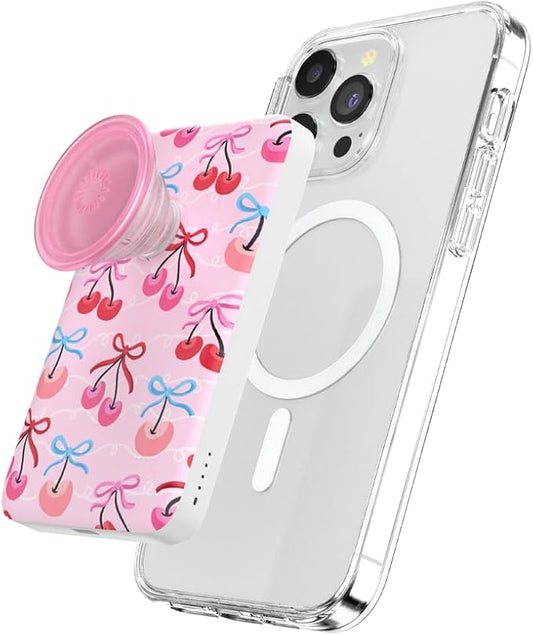 PopSockets PowerPack for MagSafe, Portable Phone Charger, Magnetic Wireless Portable Charger, 5000mAh - Cherry Bows