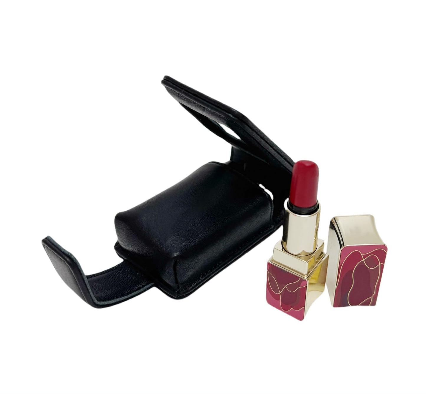 AgentMoon Handheld Lipstick Pouch with Mirror,Genuine Leather Lip Balm Case with Clamshell Magnetic Hidden Clasp.Portable Travel Cosmetic Case for Women Gift. 4.1x2.3x1.8 inches (Black Rhombus)