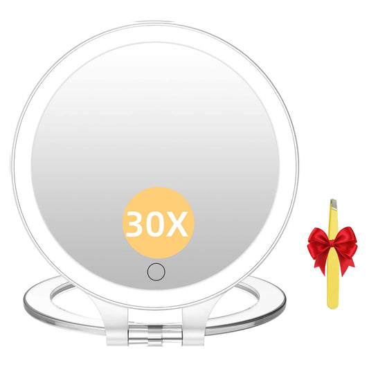 FASCINATE Travel 30X Magnifying Mirror with Light, Lighted Makeup Mirror Double Sided Magnification with 3 Color Setting & Stepless Dimming, Adjustable Rotation Rechargeable LED Vanity Mirror