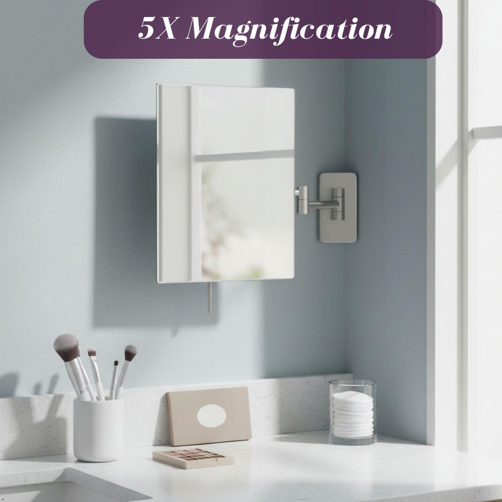 JERDON 8.75-Inch x 6.5-Inch Wall Mount Makeup Mirror - Personal Mirror with 5X Magnification & 14 inch Wall Extension - Nickel Wall Mount Arm - Model JRT695N