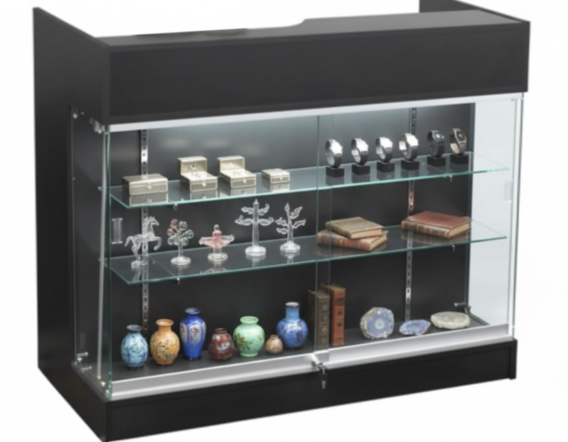 Wisdomfur 4ft Retail Checkout Counter with Glass Display – Black Ledge Top Store Counter with Tempered Glass, Locking Drawers & Storage Shelves, Boutique Display Cabinet for Shops & Boutiques