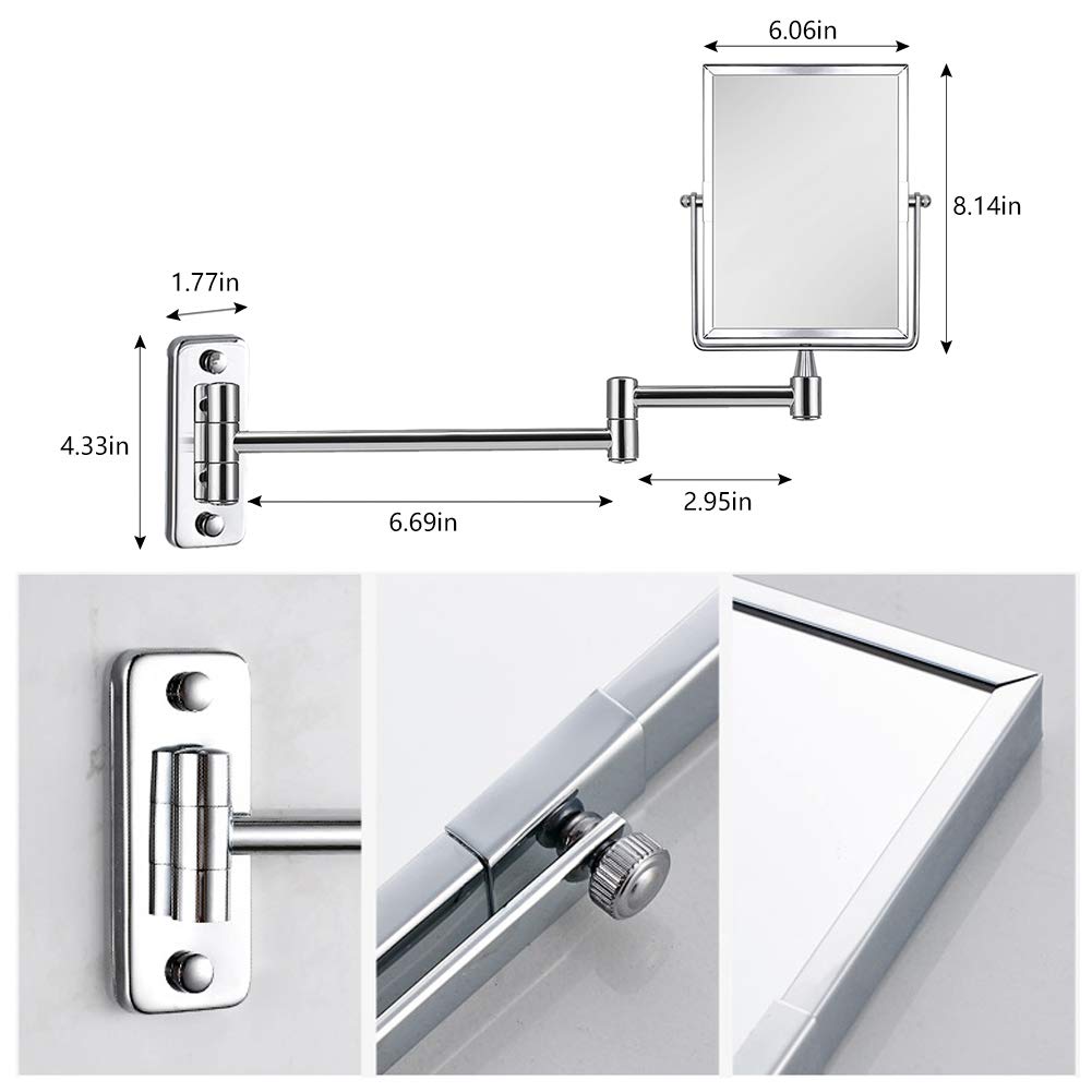 QiMH 3X Magnifying Wall Mounted Vanity Makeup Mirror | Rectangular 8x6 Inch with Extendable Arm | Polished Chrome Finish Double-Sided Swivel Mirror