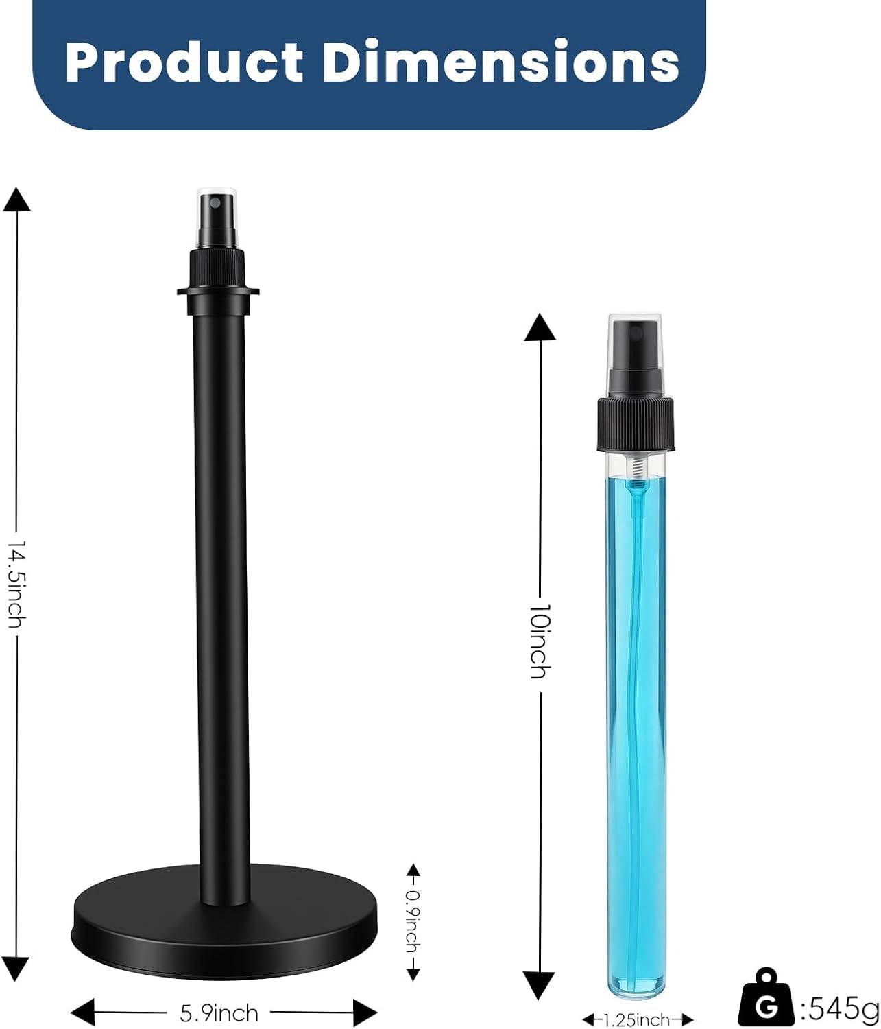 Phtynex 2 in 1 Paper Towel Holder with Spray Bottle,Countertop Paper Towel Holder with Weighted Base,Rust-Resistant Metal Base Standing Paper for Kitchen and Bathroom (Black)