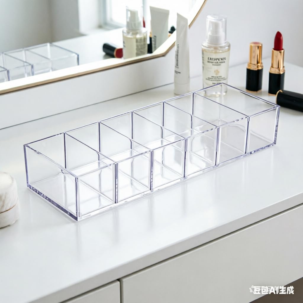 DYMSUP 6-Compartment Clear Acrylic Organizer with Detachable Dividers, Eyeshadow Palette & Cosmetic Holder for Vanity Drawer, Cosmetic Station & Makeup Desktop
