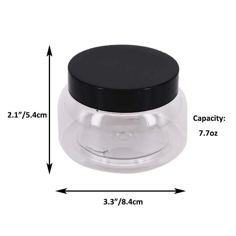 zmybcpack 12 Pack 7.7 OZ Clear Plastic Jars with Lids, A Spatula, A Pen & Labels -Refillable Round Low Profile Containers/Plastic Slime Travel Jars for Lotions, Body/Sugar Scrub, Creams