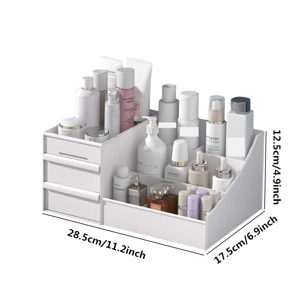 Jilukibo Large Capacity Makeup Organizer for Bathroom Bedroom, Cosmetic Storage Box with Drawers, Desktop Makeup Container for Jewelry Lipstick Skin Care (White)