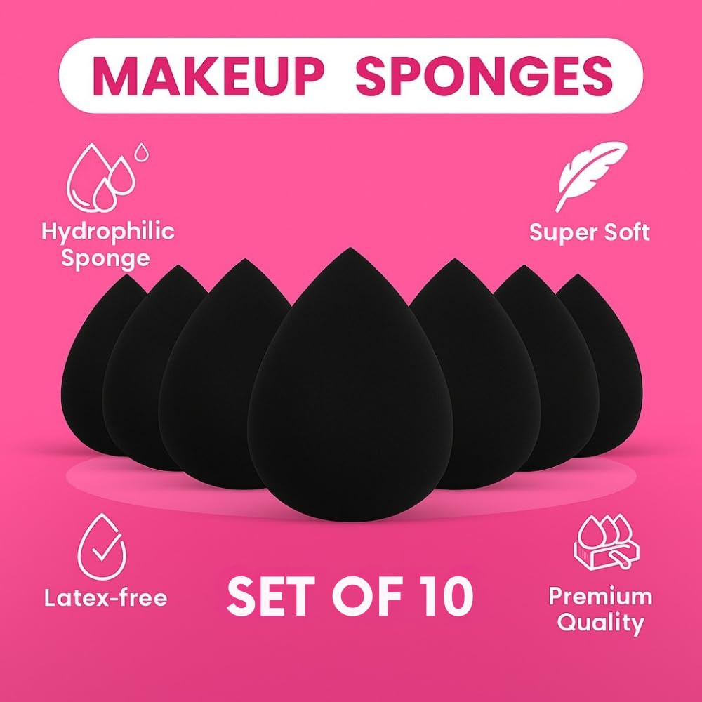 10 Pack Makeup Sponges for Foundation Blending Reusable Beauty Applicators for Liquid Cream and Powder Water Drop Design Latex Free and Fragrance Free