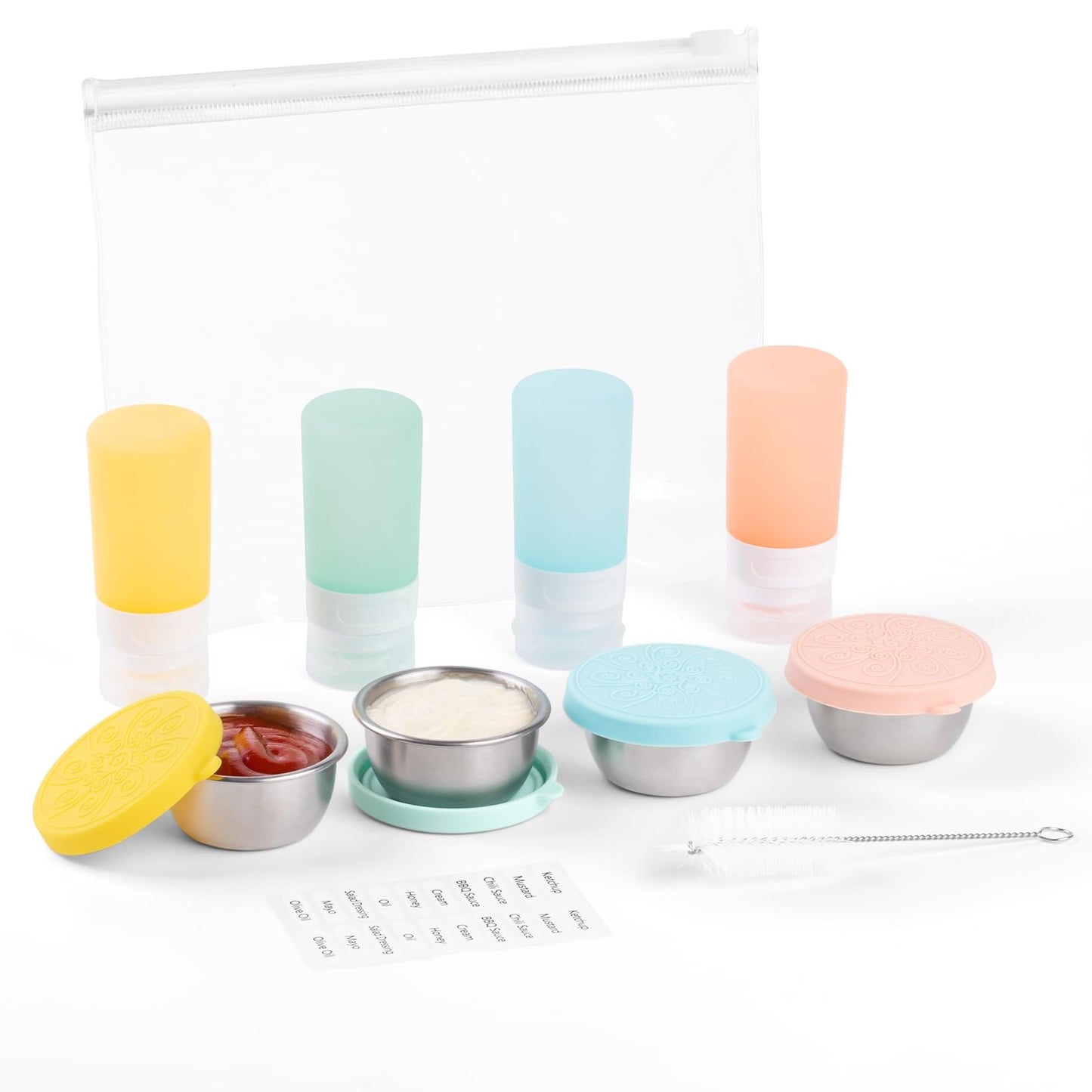 MICEBAY 8-Pack Salad Dressing Container To Go, 2-oz Silicone Small Condiment Squeeze Bottles and 1.6 oz Stainless Steel Sauce Containers Cups, Leakproof Condiment Containers with Lids for Lunch Box