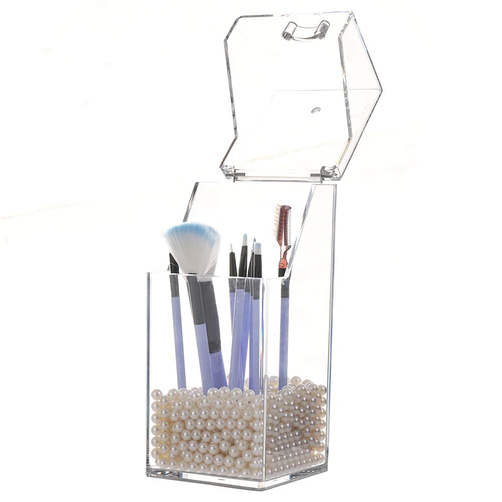 Sooyee Makeup Brush Holder,Makeup Brush Organizer with 8mm White Pearls,Dustproof Makeup Brush holder with Lid
