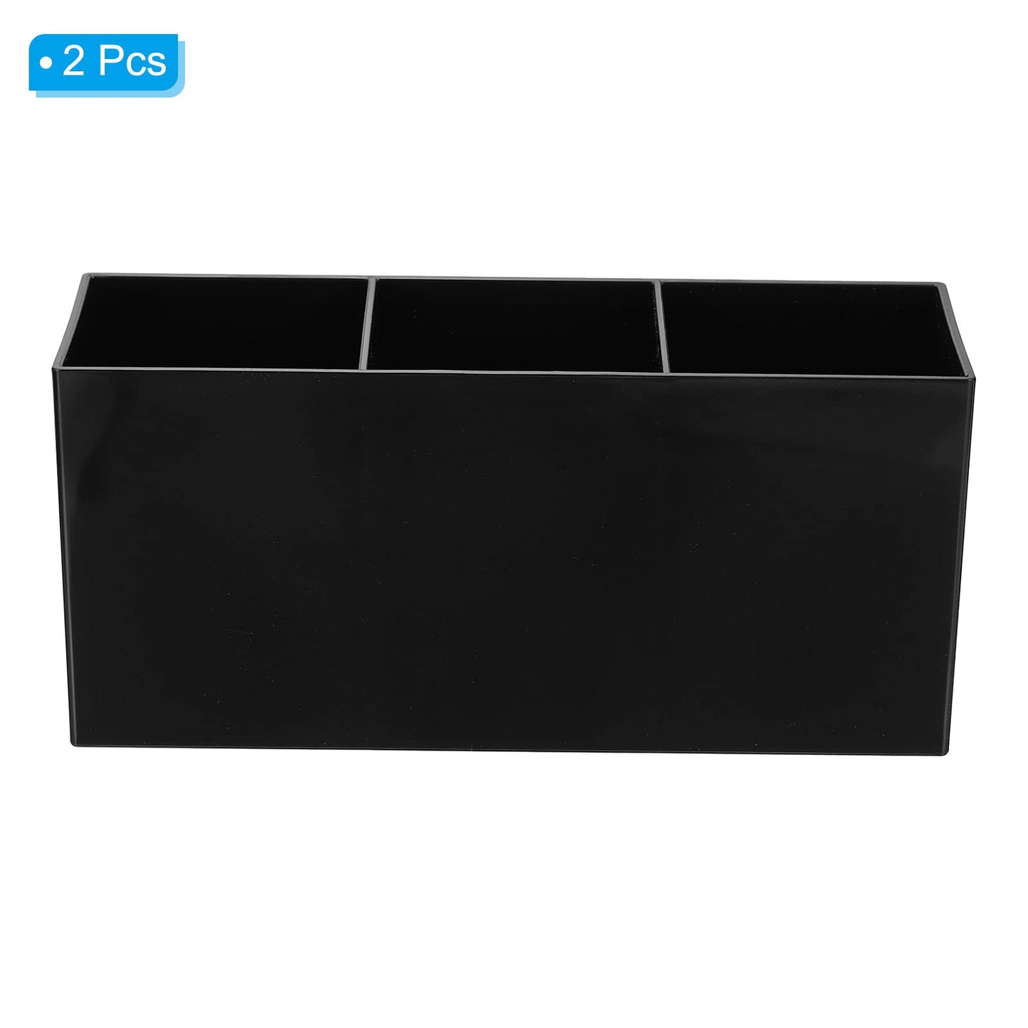 PATIKIL 3 Compartments Clear Acrylic Pen Holder, 2 Pack Pencil Holder Pen Organizer Pencil Cup Makeup Brush Holder Square for Countertop Desk, Black