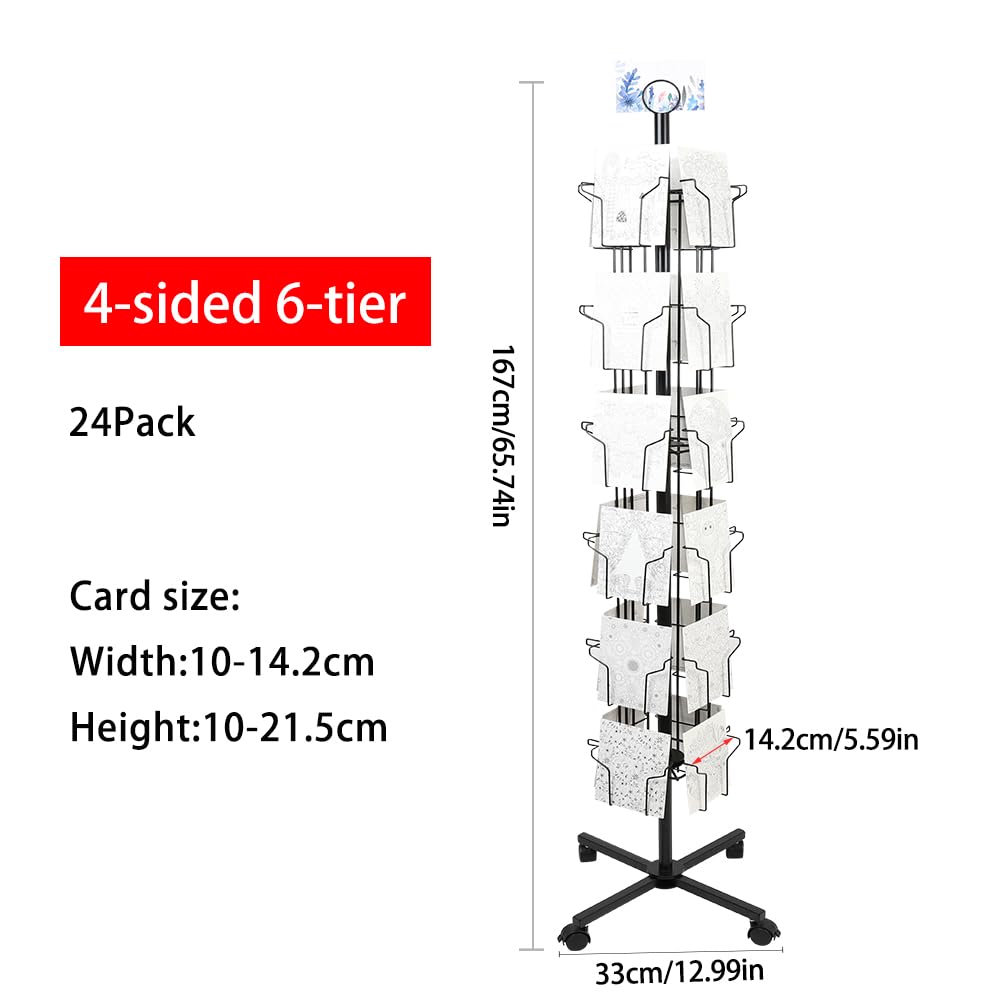 ZZJIA 6 Tier Rotating Greeting Card Display Stand with 24 Pockets, Metal Rack for Stickers,Postcard,Photocard,Brochures,CD disc (Black)