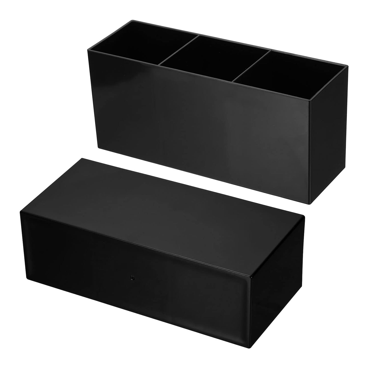 PATIKIL 3 Compartments Clear Acrylic Pen Holder, 2 Pack Pencil Holder Pen Organizer Pencil Cup Makeup Brush Holder Square for Countertop Desk, Black