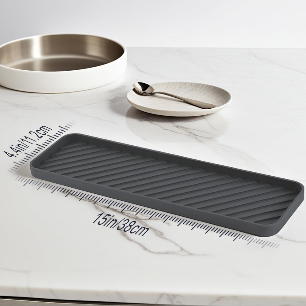 HvOvMvE Silicone Organizer Tray for Kitchen Sinks and Bathrooms. Dishwasher-Safe, Non-Slip Countertop Tray, Bathroom Drawer Organizer Trays. Perfect for Makeup & Trinkets (Dark Gray L 1PC)
