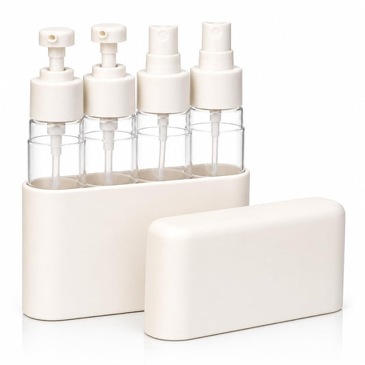 Patternly Prime Travel Bottles for Toiletries (2 Pump + 2 Spray), TSA Approved 1.7oz/50ml Travel Containers Set with Case, Leak Proof Skincare Travel Kit for Lotion, Cleanser, Toner & Facial Mist