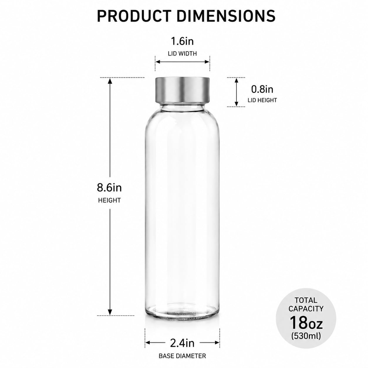 grinkpeak 18oz Clear Glass Water Bottles, Reusable Juice Bottles with Stainless Steel Lids, Leak Resistant Glass Bottles for Smoothies, Juicing, Homemade Drinks