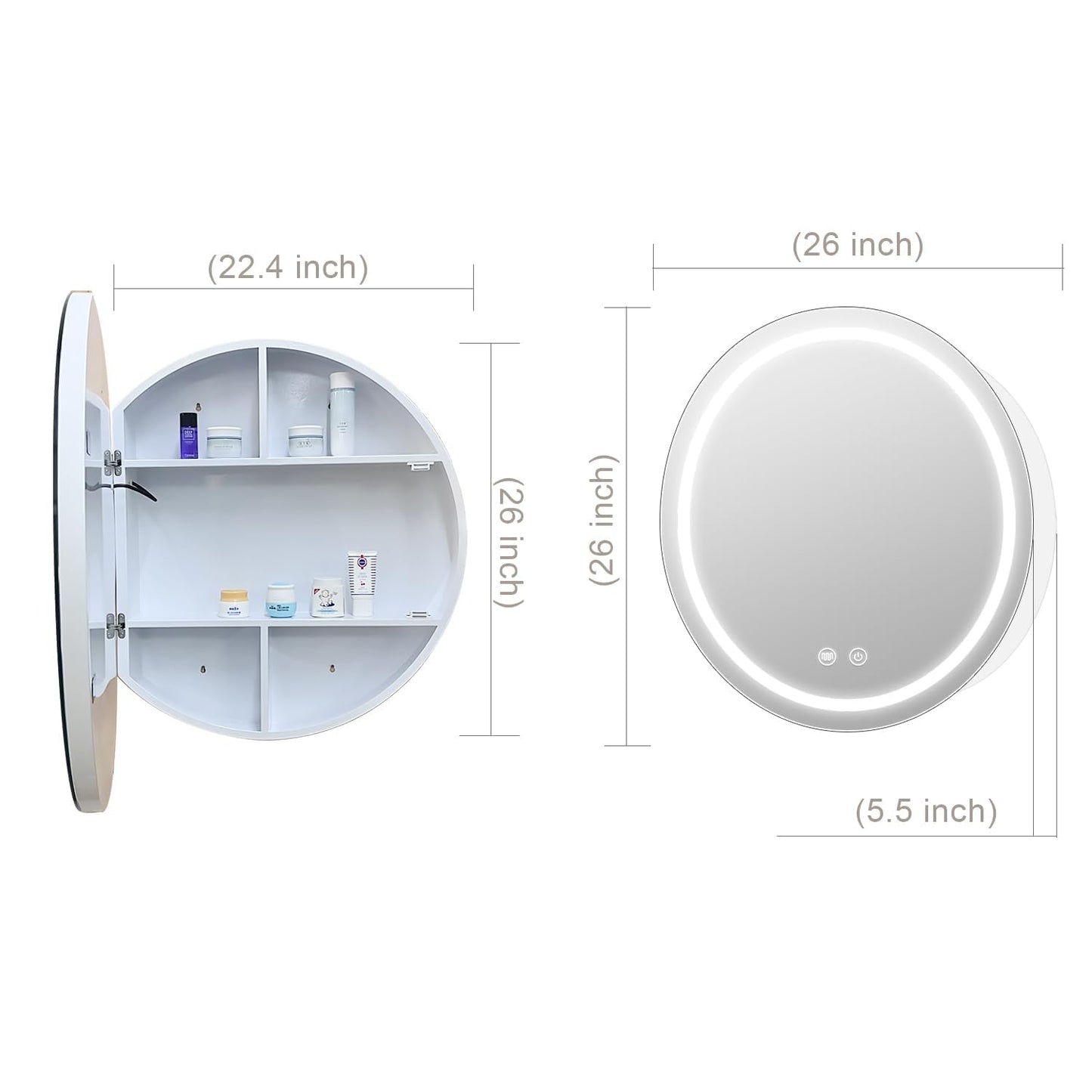 Janboe 26inch Round Medicine Cabinet with Lights,Led Medicine Cabinet with Demister,Illuminated Bathroom Mirror Cabinet,Dimmable,Anti-Fog,3 Color Temperature,White