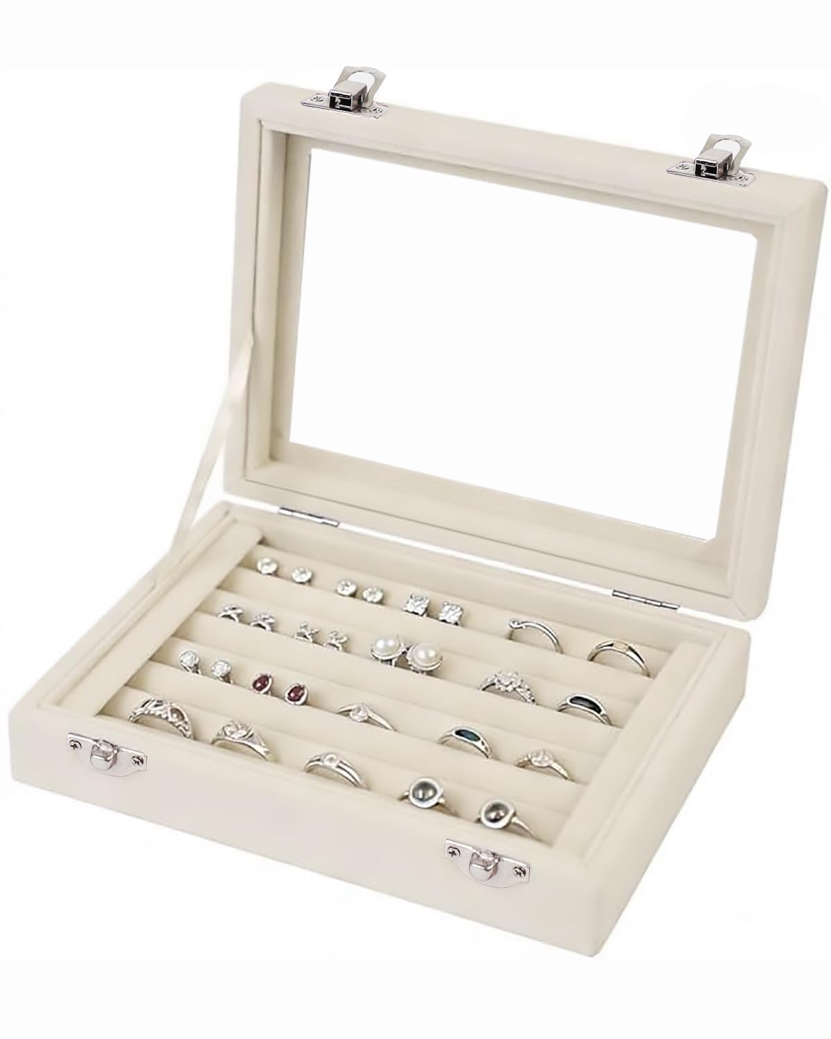 EONGOA Jewelry Box Rings Organizer Tray 7 Slots Velvet Jewelry Earring Storage Box With Transparent Lid Jewelry Display Case for Girls Women (Beige)