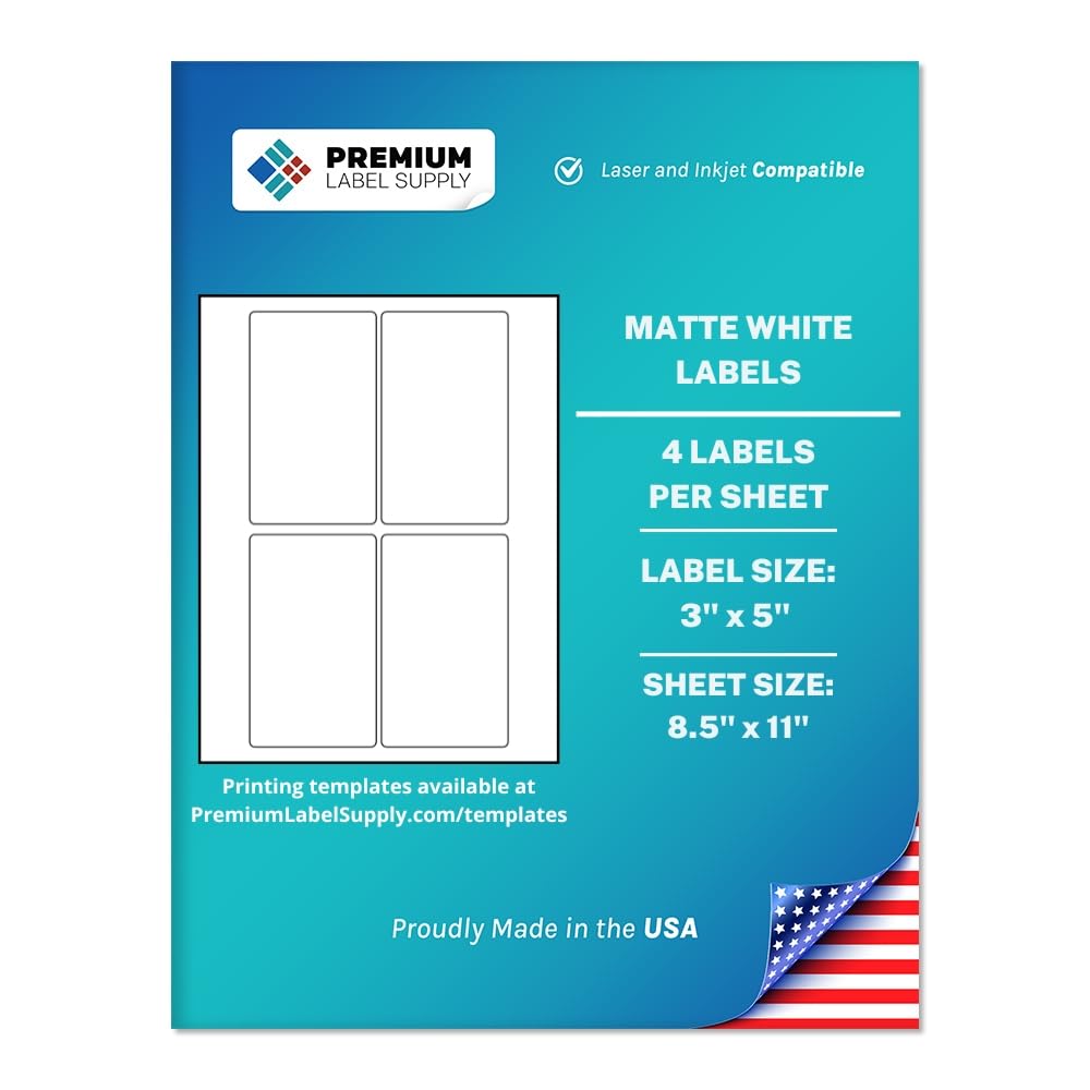 Premium Label Supply White Sticker Labels – 3" x 5" – Laser/Inkjet Compatible – (4 per Sheet), 100 Sheets – 400 Total Adhesive Labels