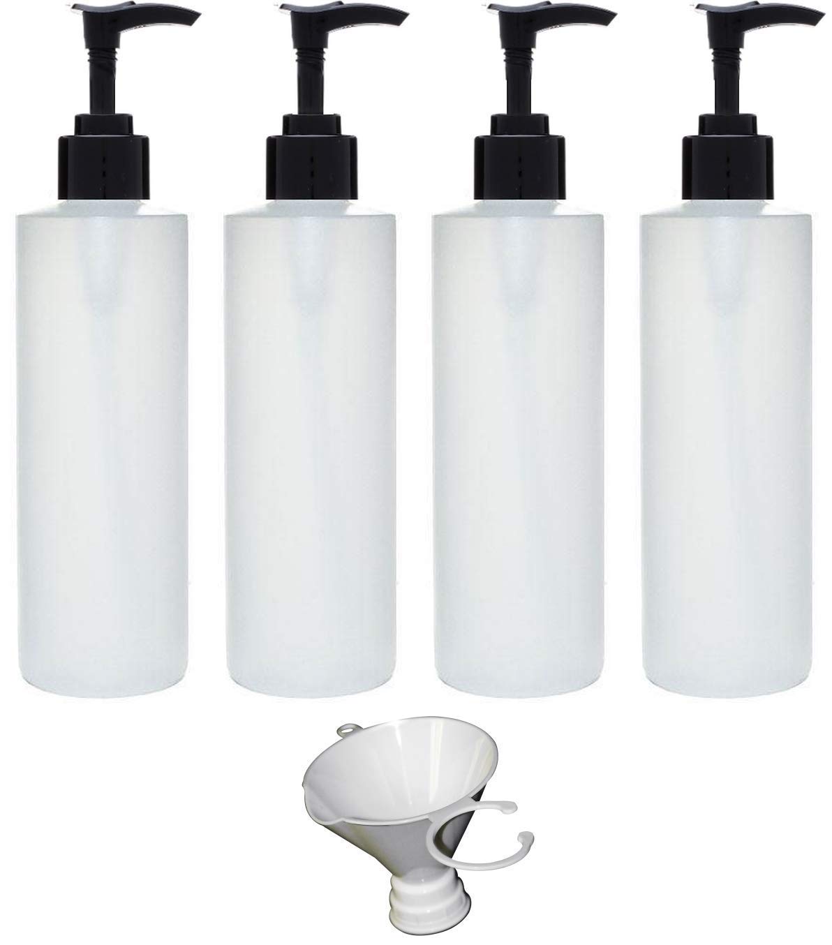 Earth's Essentials Four Pack of Refillable 8 Oz. HDPE Plastic Pump Bottles with Patented Screw On Funnel-Great for Dispensing Lotions, Shampoos and Massage Oils.
