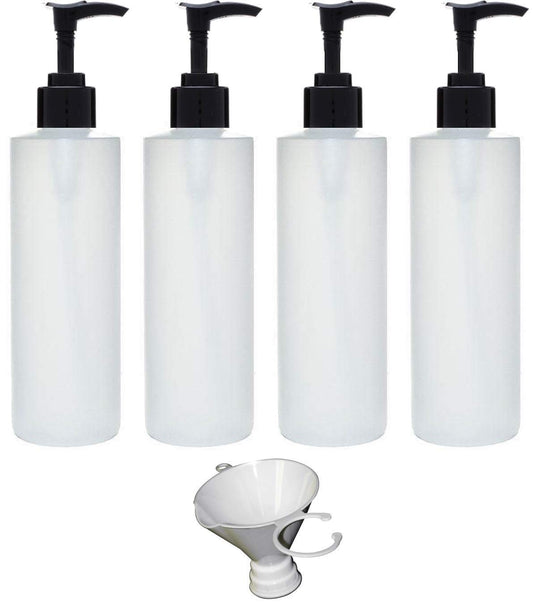 Earth's Essentials Four Pack of Refillable 8 Oz. HDPE Plastic Pump Bottles with Patented Screw On Funnel-Great for Dispensing Lotions, Shampoos and Massage Oils.