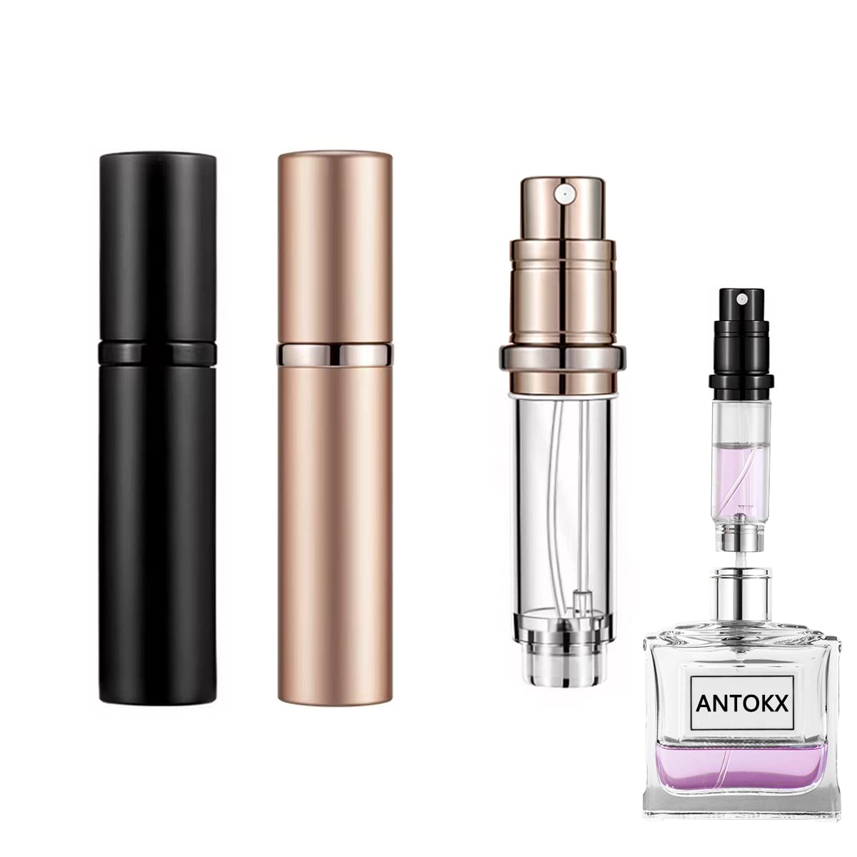 ANTOKX Travel Perfume Bottle Refillable Atomizer - 5ML Pocket Perfume Dispenser, Leakproof Portable Perfume Sprayer (Black & Rose Gold)