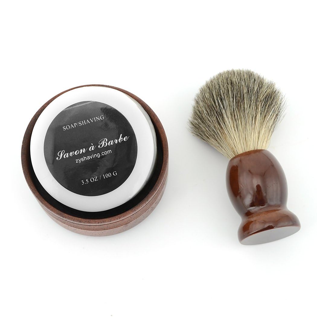 Grandslam Pure Badger Hair Shaving Brush Natural Wood Mug Bowl Hand-Made Soap Barber Set