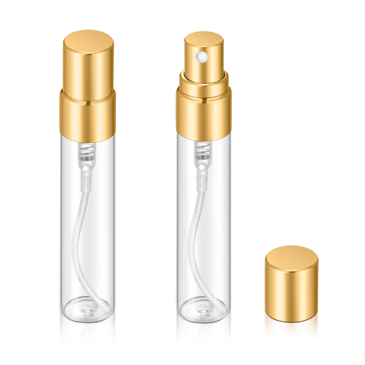 Jxcmeng 20Pcs 5ml Empty Clear Glass Mist Spray Bottle Refillable Mini Perfume Atomizer Travel Sample Bottle with Golden Aluminized Nozzle Makeup Container for Perfume (5ml Gold Caps)