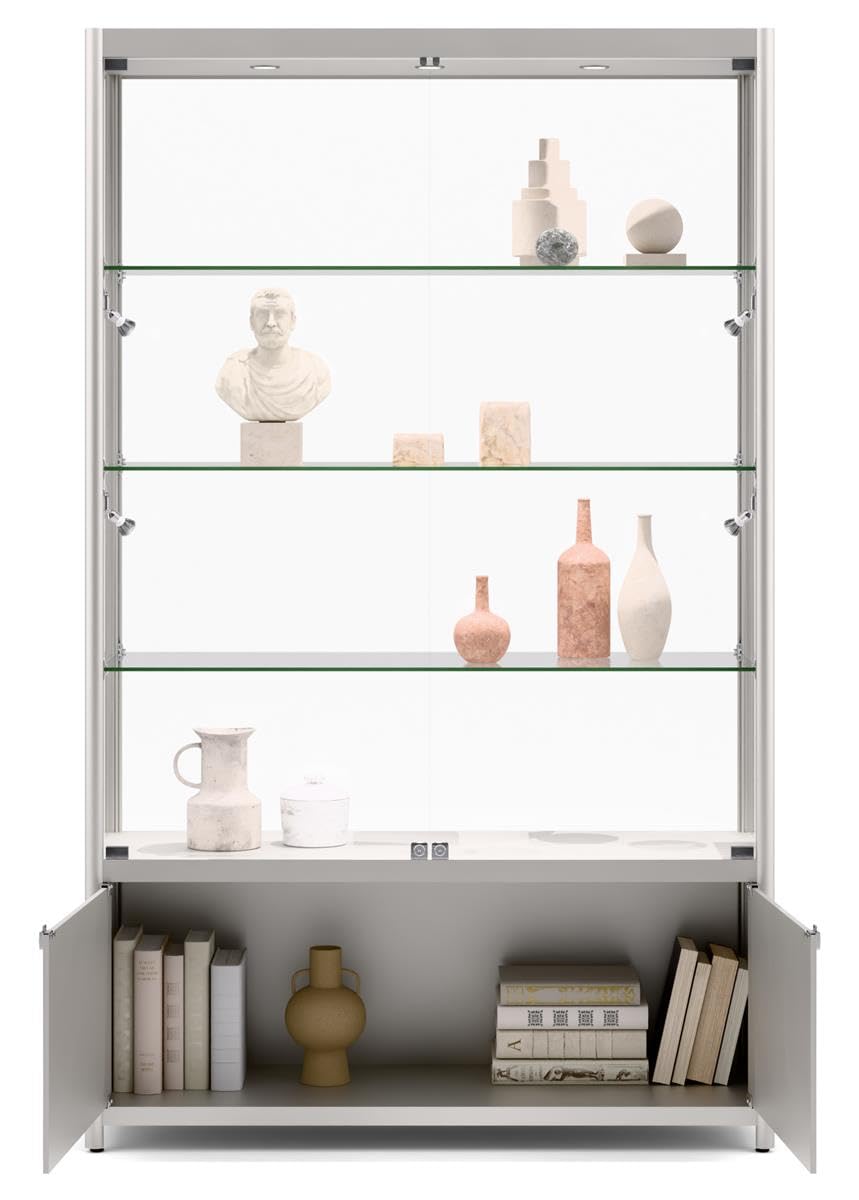 Displays2Go 48" Retail Glass Display Case with LED Lights, Lockable Showcase Cabinet with Storage & Aluminum Frame – Silver (LESC4816SB)