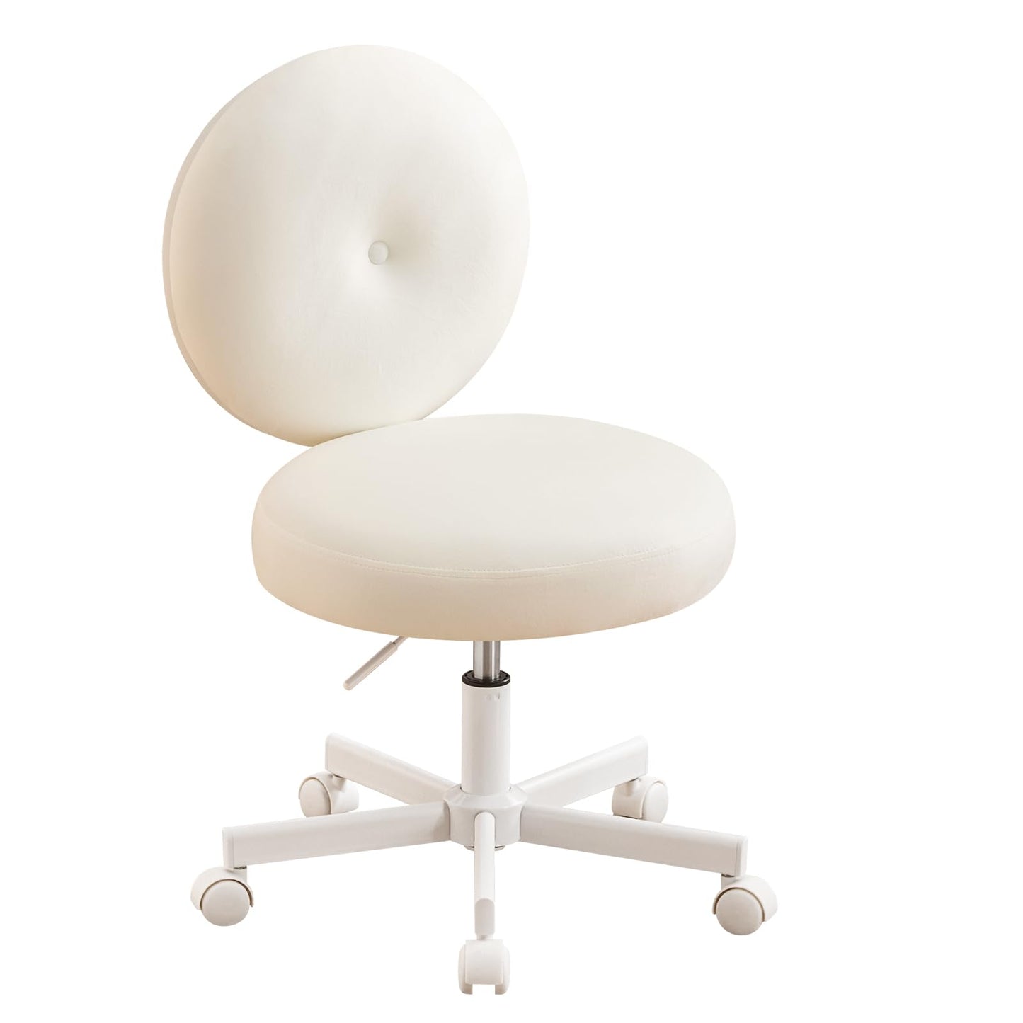 Furniliving Round Velvet Vanity Chair with Wheels, 360° Swivel Armless Desk Chair, Adjustable Height Rolling Makeup Chair for Bedroom Study Room, White