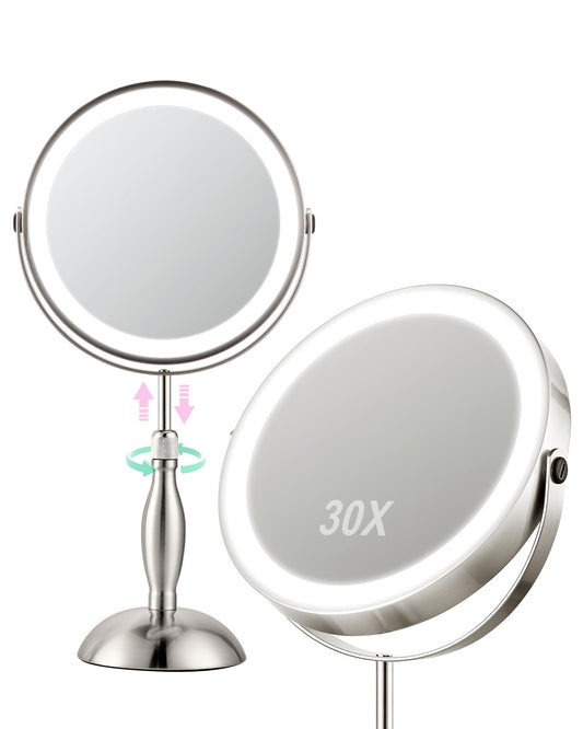 DASLAVA 30X Magnifying Mirror with Lights, 8" Height Adjustable Makeup Mirror Rechargeable 5000mAh, 30x Double Sided, 3 Color Lights + Dimmable, Nickel – Modern Magnifying Mirror for Bathroom Desk