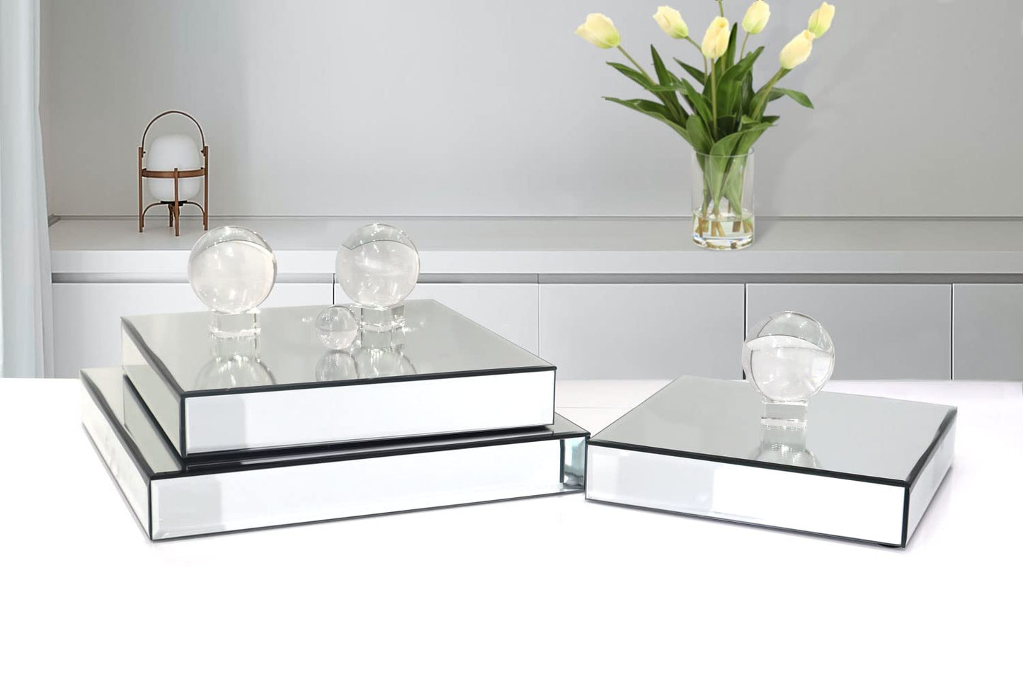 GIMORRTO Mirror Display Riser Stands 3 Set, Glam Accent Table Display Platform for Decorative Pieces, Mirrored Showpeice 3Pack, Centerpiece Displayer (Square 3PC)