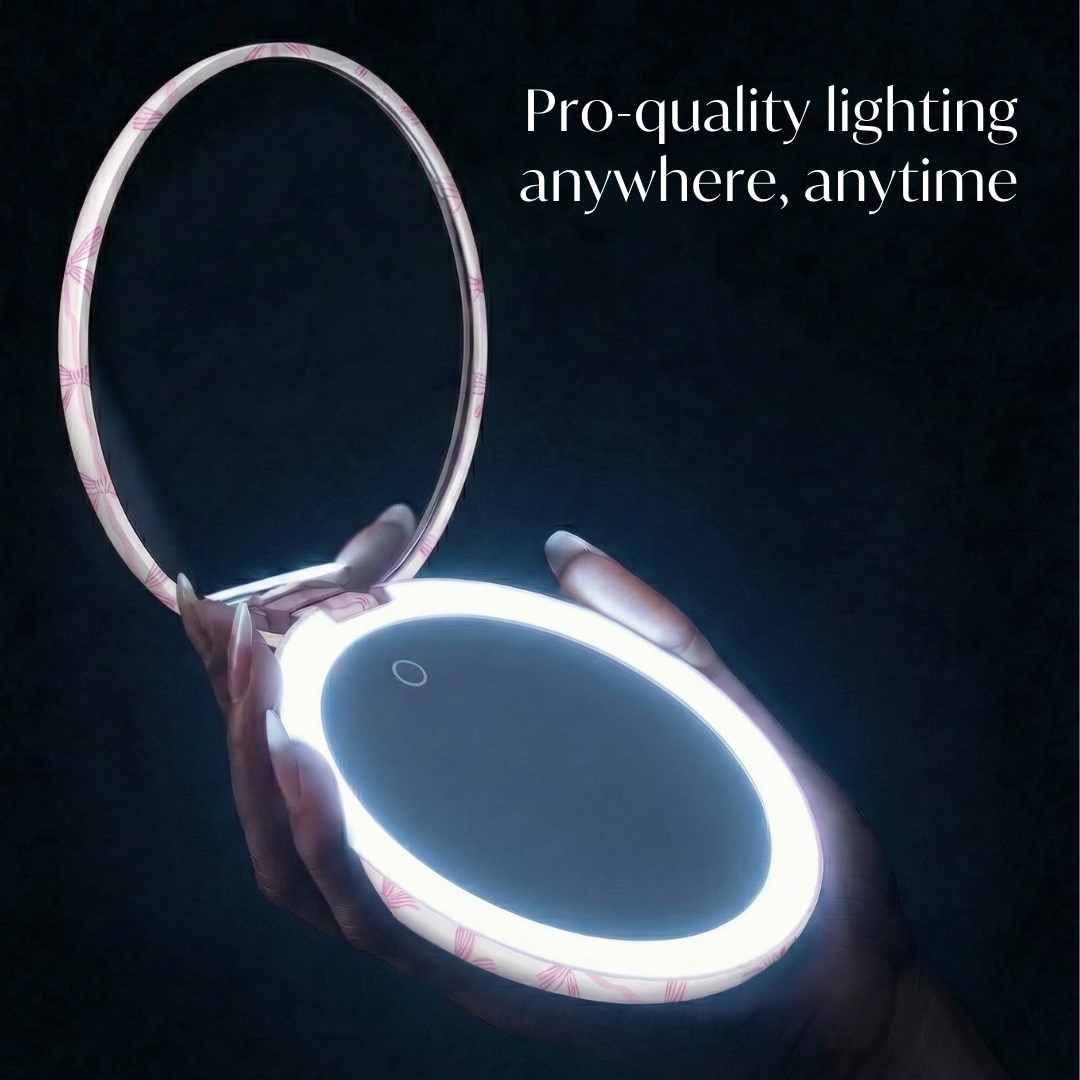Fancii Taylor LED Lighted Travel Makeup Mirror, Rechargeable, 10x /1x Magnifying, Tru-Glow Lighting System, XL Large 5” Wide | Compact Mirror for Purses (Rosette Ribbon)