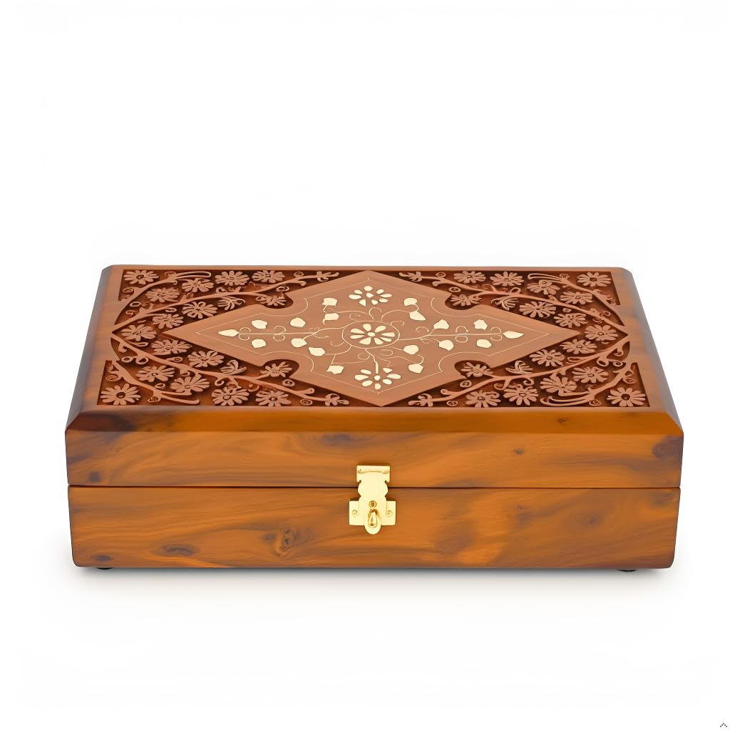 Wooden Jewelry Box with Exquisite Carving and Brass Inlay, Elegant Jewelry Organizer for Rings, Necklaces, and Bracelets, Handcrafted Storage Solution for Treasured Accessories