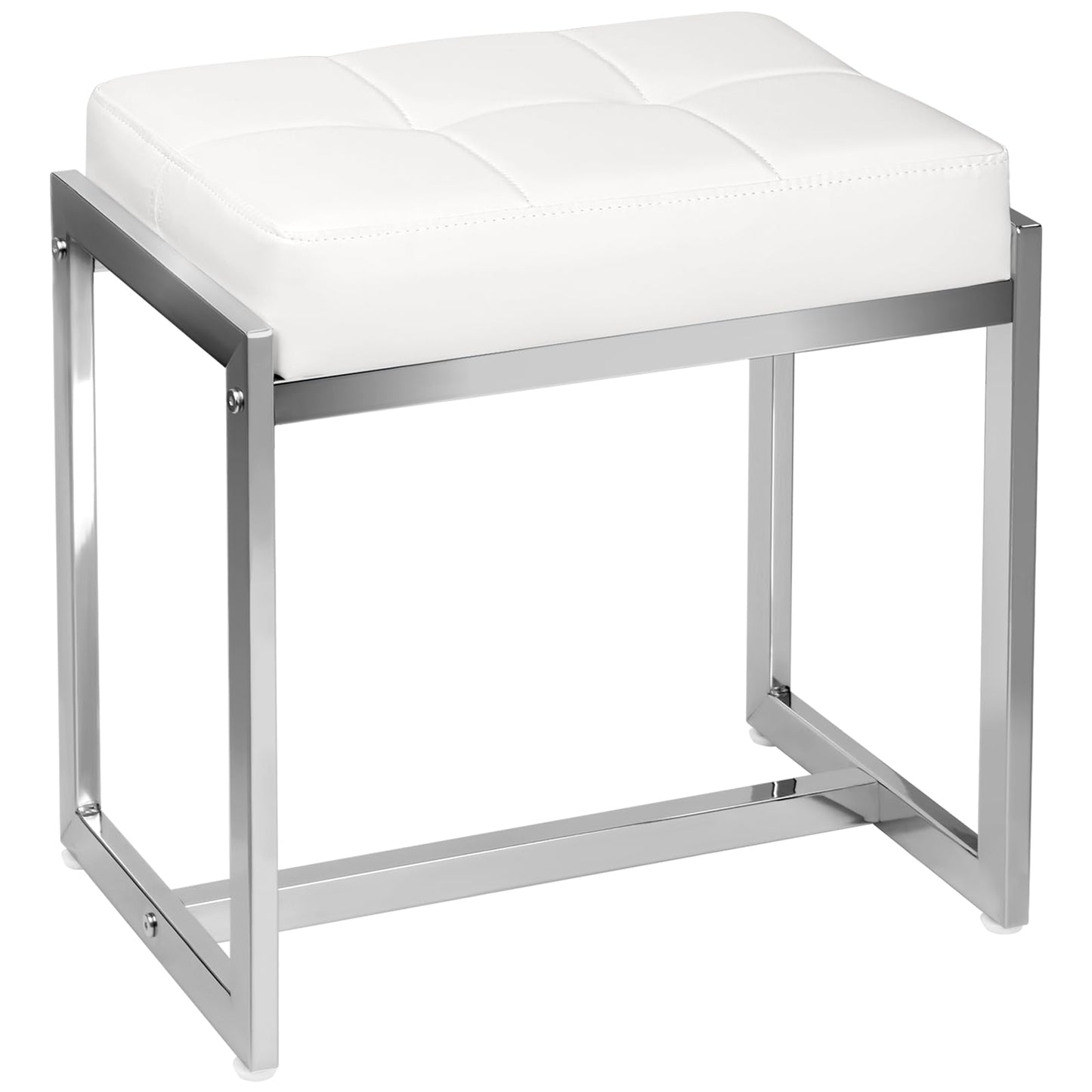 FLYZC Vanity Stool Chair, Modern PU Leather Ottoman Foot Rest for Vanity Bench with Silver Metal Legs, Multifunctional Chairs for Makeup, Bedroom, Living Room, Small Makeup Stools White&Silver