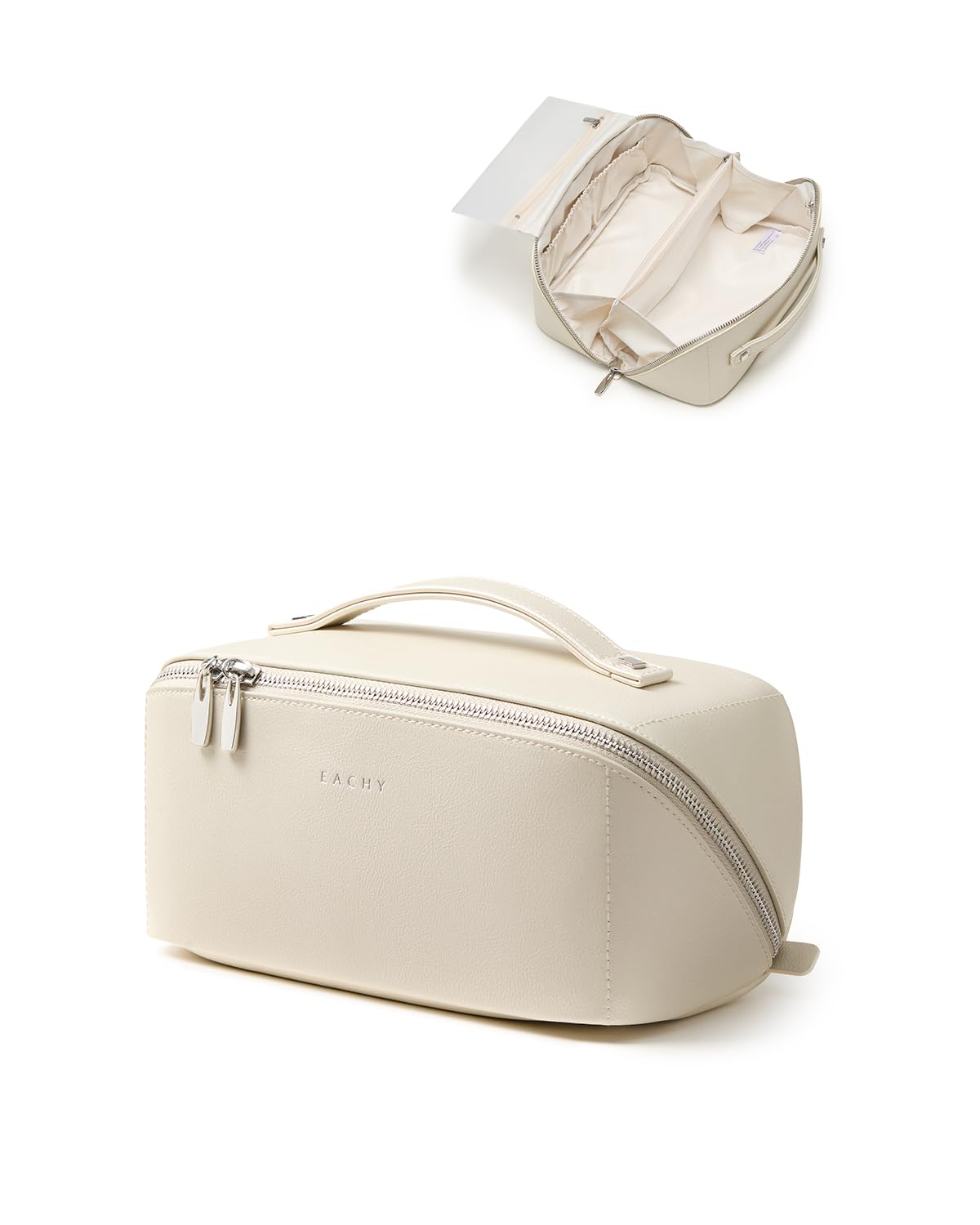 EACHY Travel Makeup Bag, 2.0 Cosmetic Bag for Women, Waterproof PU Leather,Flat Open Portable Toiletry Bag for Skincare, Brushes & Travel Essentials