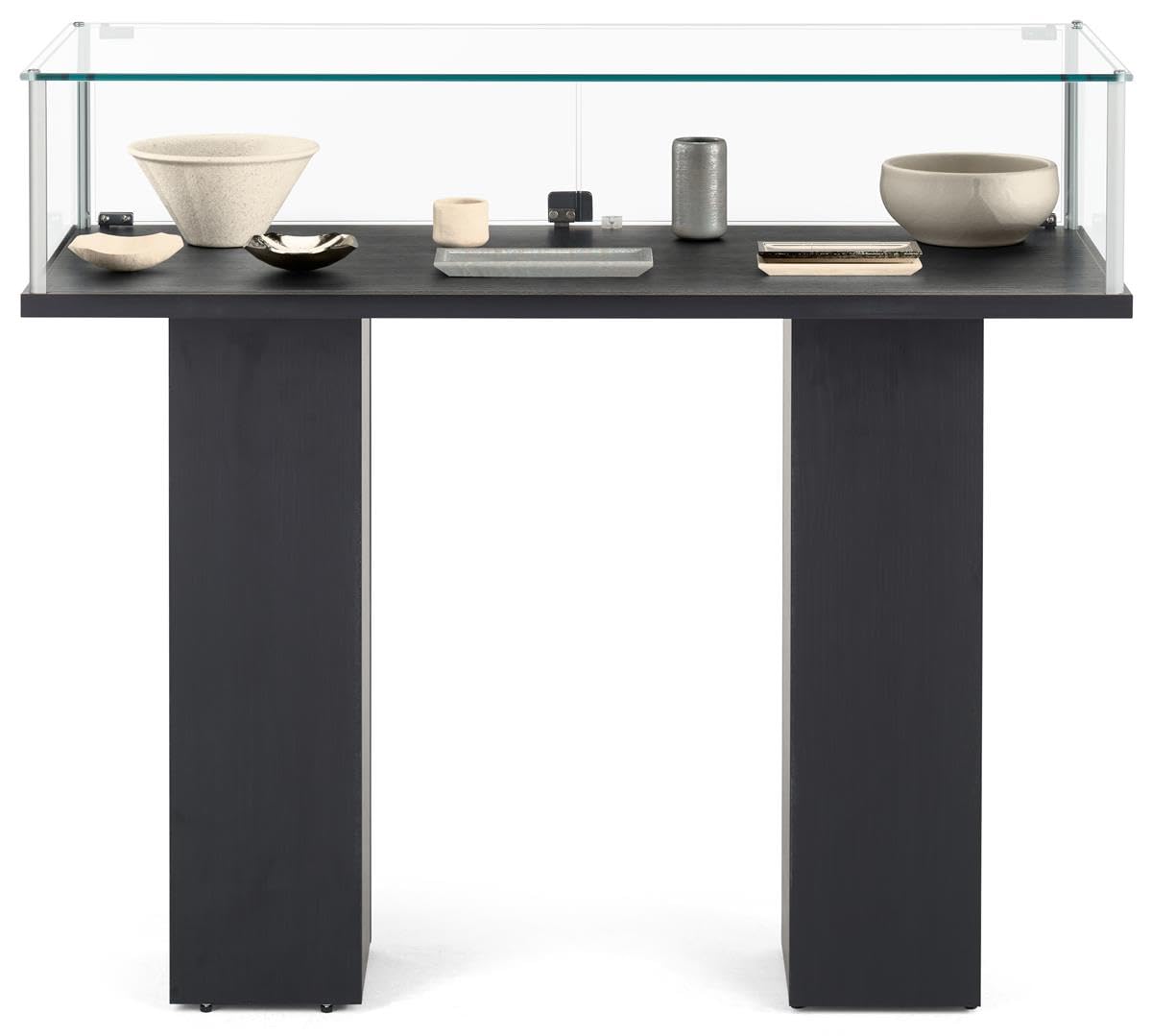 Free-Standing Tempered Glass Display Case, with 2 Pedestal Style Legs and Black Veneer