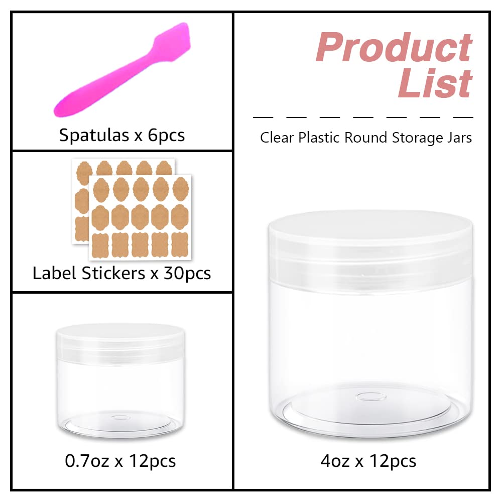 4 oz Clear Small Plastic Containers with Lids + 20g/20ml Small Containers with Lids (Set of 24) Cosmetic Sample Jar Plastic Jars - for Lip Scrub, Body Butters, Cream, Slime, Craft Storage