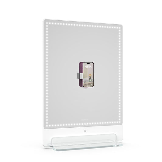 Riki Tall Vanity Mirror with HD LED Lights, Remote Lighting and Smartphone Control, Advanced High-CRI Glass, USB Charging, and Magnetic 5X Magnifying Mirror (White)