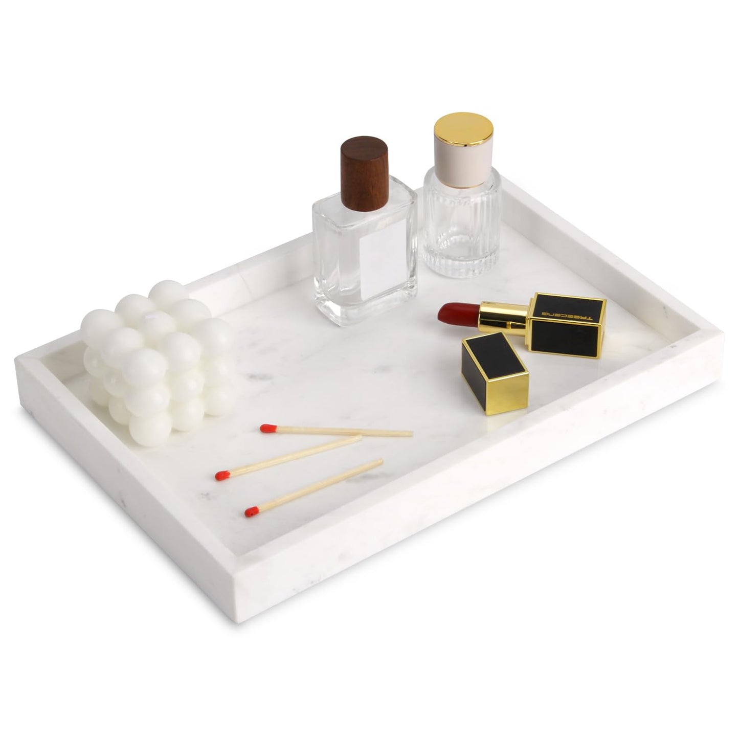 Marble Bathroom Vanity Tray, Natural Luxury Vanity Home Kitchen Bathroom Table Tray, Stone Decorative Countertop Dresser Trays for Key Coffee Perfume Jewelry Makeup (Jazz White, 12"x 8" x1.2")