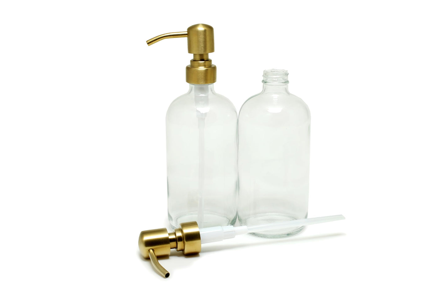 Vivaplex, 2, Large, 16 oz, Empty, Clear Glass Bottles with Stainless Steel, Yellow Gold, Lotion Pumps