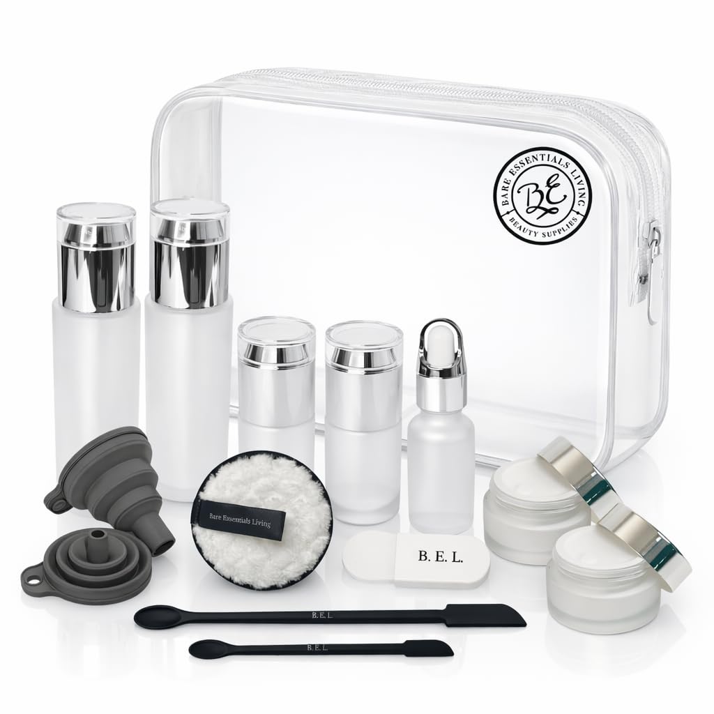 14 Pcs Glass Travel Skincare Containers Set-TSA Approved Toiletry Bag & Glass Travel Bottles for Toiletries Pump, Spray & Dropper Bottles Travel Size for Foundation, Serum Moisturizer Oil & Cream