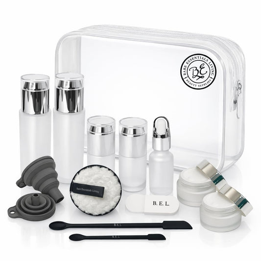 14 Pcs Glass Travel Skincare Containers Set-TSA Approved Toiletry Bag & Glass Travel Bottles for Toiletries Pump, Spray & Dropper Bottles Travel Size for Foundation, Serum Moisturizer Oil & Cream
