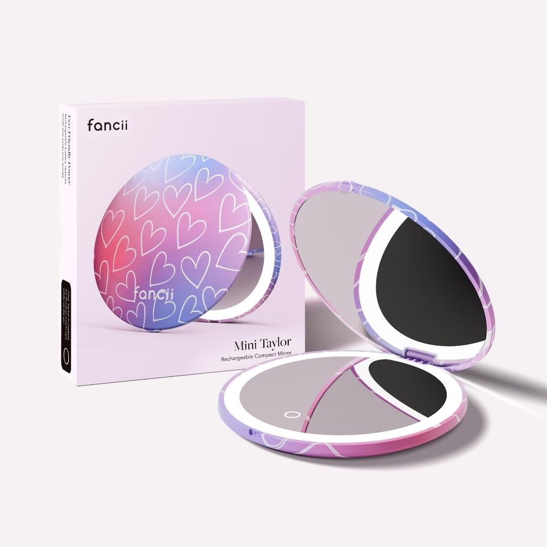 Fancii Mini Taylor Compact Magnifying Mirror with LED Light, 10x/1x, Rechargeable, 3 Light Settings, Dimmable - Small Lighted Travel Handheld Mirror for Pocket, Handbag, Purse, 2-Sided (Lovestruck)