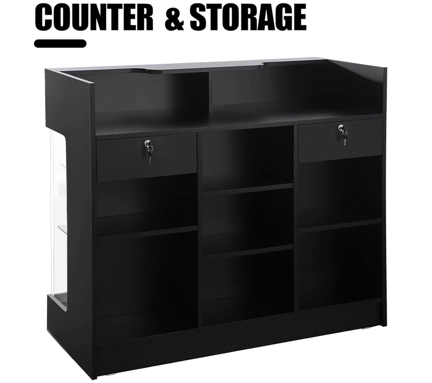 Wisdomfur 4ft Retail Checkout Counter with Glass Display – Black Ledge Top Store Counter with Tempered Glass, Locking Drawers & Storage Shelves, Boutique Display Cabinet for Shops & Boutiques