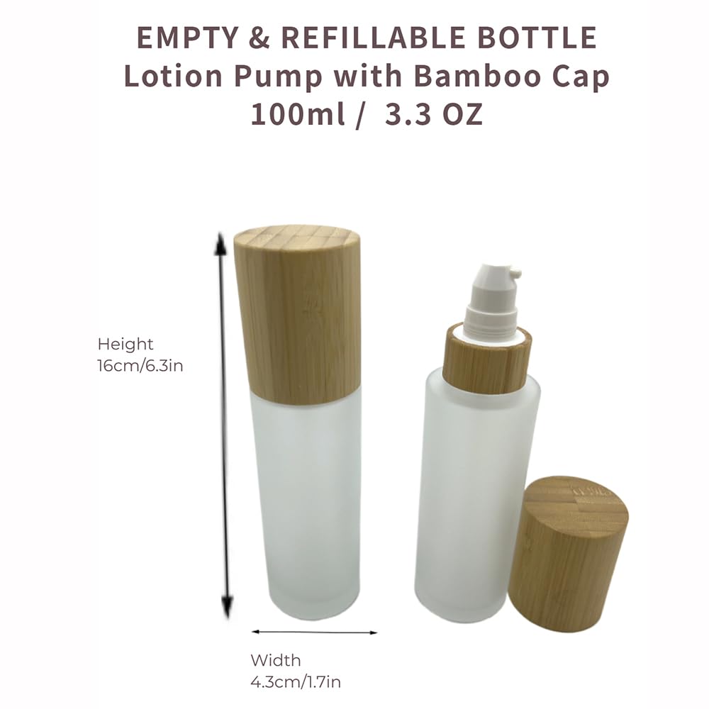 BEECO GIF2U Empty Cosmetic Bottles 3.3oz/100ml 4 PACK with Bamboo Cap,Frosted Glass Lotion Pump DispenserRefillable Emulsion Cosmetic Cream Bottles, Toiletries Refill Travel Containers(Frost Clear)