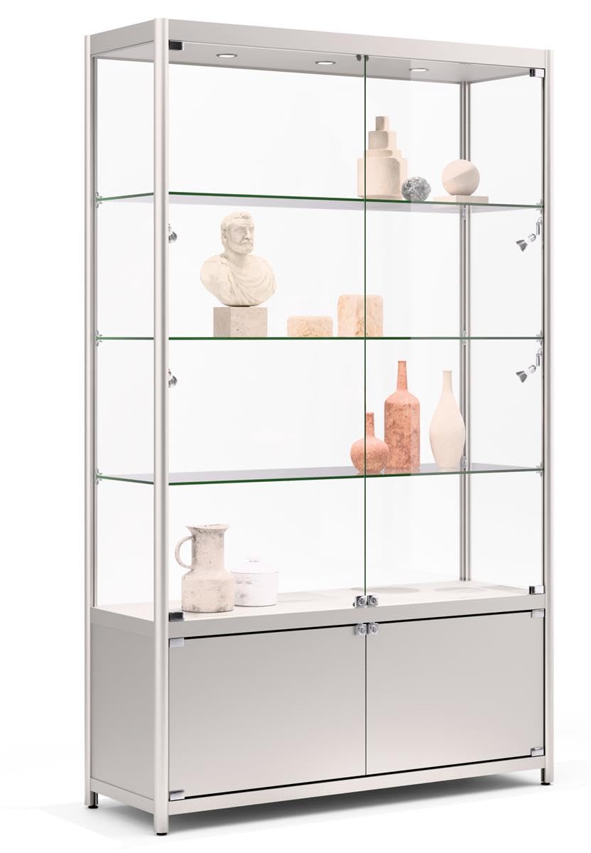 Displays2Go 48" Retail Glass Display Case with LED Lights, Lockable Showcase Cabinet with Storage & Aluminum Frame – Silver (LESC4816SB)