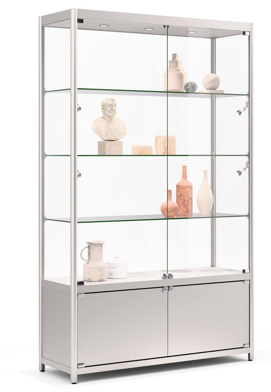 Displays2Go 48" Retail Glass Display Case with LED Lights, Lockable Showcase Cabinet with Storage & Aluminum Frame – Silver (LESC4816SB)